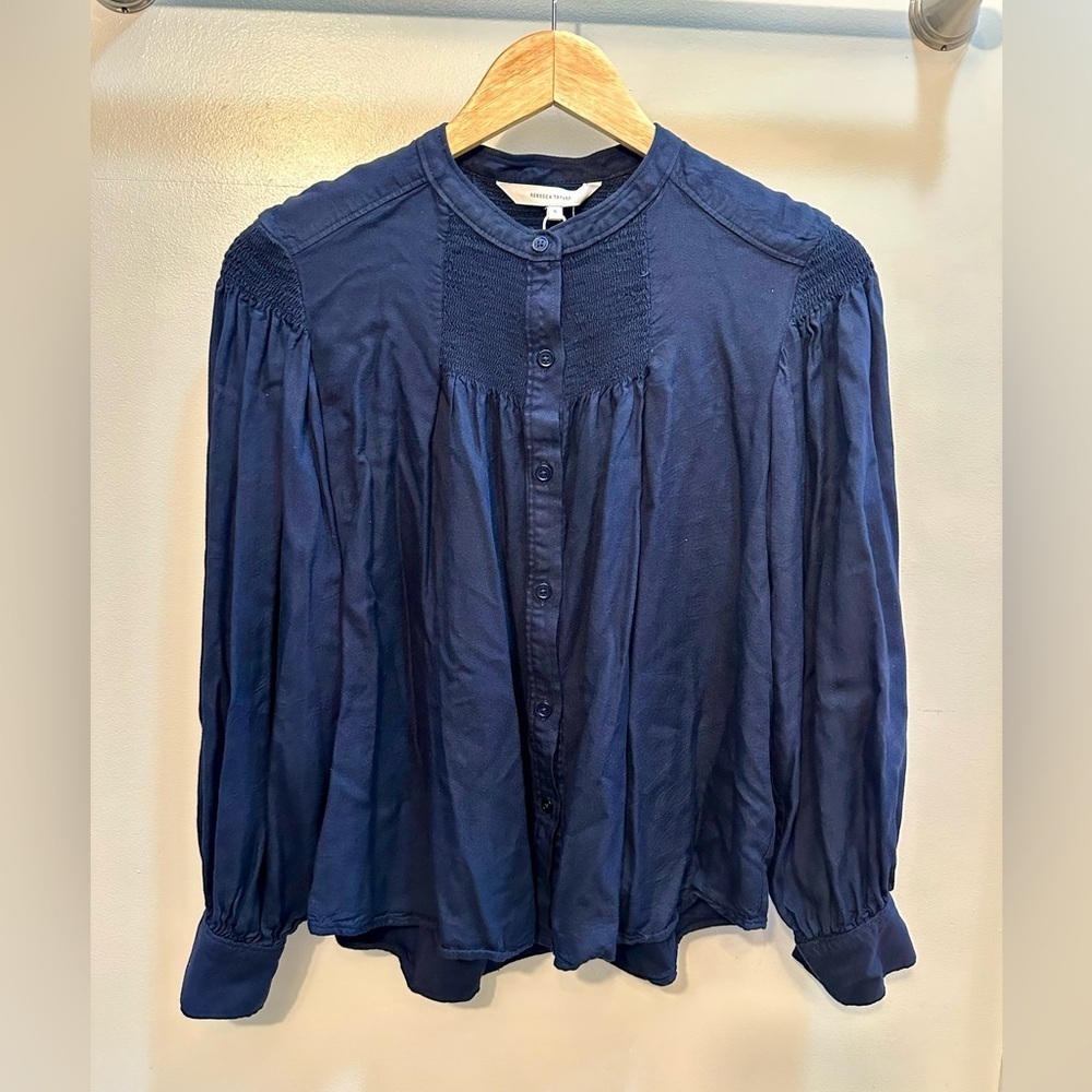 NWT Rebecca Taylor Women's Long Sleeve Twill Blouse in Navy Blue Size S